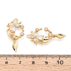 真鍮舗装クリアキュービックジルコニアペンダント  花  ニッケルフリー  18KGP本金メッキ  30~31x14x3.5mm  穴：1.4mm&nbsp;KK-T077-54G