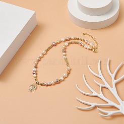 Brass Virgin Mary Pendant Necklace with Natural Pearl Beaded Chains for Women&nbsp;NJEW-JN04144-02