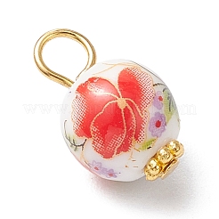手作りの花柄磁器ペンダント  鉄と合金パーツ  ラウンド  ゴールドカラー  17.5x10.5mm  穴：4mm&nbsp;PALLOY-JF03928-02