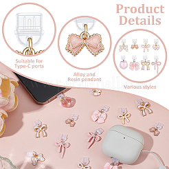 16 個 8 スタイル PVC モバイル防塵プラグ  合金と樹脂の蝶結びのピーチペンダント付き  ゴールドカラー  ピンク  21~39mm  2個/スタイル&nbsp;HJEW-ME00124