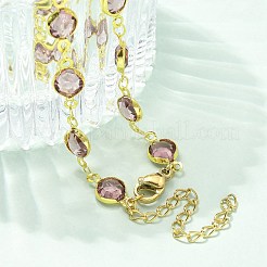 304 Stainless Steel Flat Round Acrylic Rhinestone Cup Chain Anklets for Women&nbsp;LS-AJEW-B031-02G-01