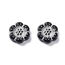 黒の不透明なアクリルビーズ  ライン入り  花  銀  12x13x3.5~4mm  穴：1.2mm  約460個/200g&nbsp;LS-OACR-G016-32B