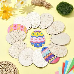 麻ロープ付き未完成の木製イースターエッグペンダント装飾  DIY絵画クラフト  湯通しアーモンド  79.5x60x2mm  穴：3mm&nbsp;DIY-CJC0006-29