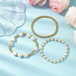 3個 3スタイル 304ステンレススチール&樹脂&ABSプラスチック模造真珠ビーズストレッチブレスレットセット  積み重ね可能なブレスレット  ゴールドカラー  内径：2-1/8インチ（5.25cm）  1個/スタイル&nbsp;BJEW-JB10874