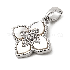 天然シェルとクリアキュービックジルコニアのペンダント  真鍮の花チャーム  プラチナ  17.5x15.5x2.5mm  穴：5x2.5mm&nbsp;KK-G553-13P