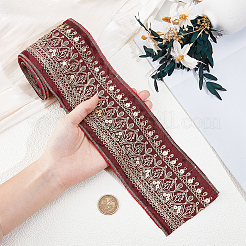 5ヤードの民族刺繍ポリエステルリボン  洋服アクセサリー用  暗赤色  3-3/8インチ（87mm）&nbsp;OCOR-CY0003-48B
