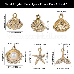 32pcs8スタイルアロイラインストーンペンダント  貝殻の形とヒトデと魚の尾  ミックスカラー  15~20x14.5~19.5x3.5~8.5mm  穴：1.6~2mm  4個/スタイル&nbsp;FIND-SC0016-46