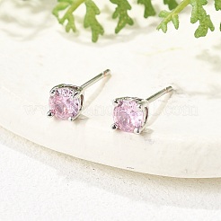 女性用フラットラウンド真鍮パヴェキュービックジルコニアスタッドピアス  カドミウムフリー＆鉛フリー  長持ちメッキ  ラックめっき  プラチナ  ピンク  4mm&nbsp;EJEW-G428-29C-03