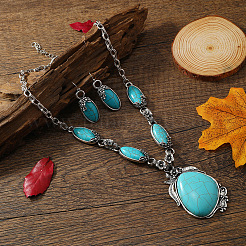 Bohemian Ethnic Style Alloy with Synthetic Turquoise Teardrop Pendant Necklaces & Oval Dangle Earrings Sets&nbsp;FS-WGCAAC5-01