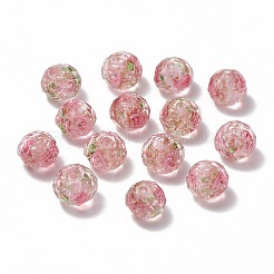 手作りゴールドパウダー入りランプワークビーズ連売り  インナーフラワー  ファセットロンデル  ピンク  9~10x7~8mm  穴：1.5~2mm  約60個/連  17.3インチ&nbsp;LAMP-R141-10mm-11