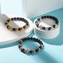 電気メッキ天然溶岩ロックラウンドビーズエッセンシャルオイル不安アロマテラピーブレスレット  女の子の女性のために設定された真鍮のラインストーンビーズストレッチブレスレット  内径：2-1/8インチ（5.5cm）  3個/セット&nbsp;BJEW-JB06923
