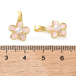 エナメルチャーム付き真鍮  ABSの模造パールと  花のチャーム  18KGP本金メッキ  ピンク  14x12x5mm  穴：5x2.5mm&nbsp;KK-CBA9FD2-02G-02