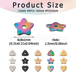 60個15スタイル304ステンレススチールビーズ  トライアングル＆ハート＆スター  ミックスカラー  8x8x1mm  穴：1.5mm  4個/スタイル&nbsp;STAS-MP0001-11