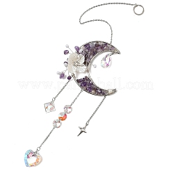 花の月 メタル＆天然アメジストチップ ハンギングサンキャッチャー  窓用ガラスハートチャーム、プリズム壁装飾  500x100x25mm&nbsp;GG-CBAB970-03B
