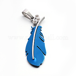 304ステンレススチールラインストーンラージフェザーペンダント  ミックスカラー  51x18.5x3.5mm  穴：5x10.5mm&nbsp;STAS-E090-88