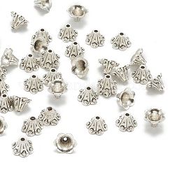 チベットスタイルの合金フラワーベル細線細工ビーズキャップ  アンティークシルバー  6x8.5mm  穴：1mm＆3mm&nbsp;X-TIBEB-O005-02