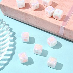 不透明アクリルエナメルビーズ10個  ハートを持つキューブ  ピンク  12x12x12mm&nbsp;ACRC-FS0001-02G