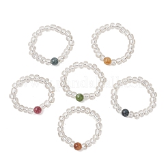 Natural Green Jade Imitation Tourmaline & Glass Beaded Stretch Finger Rings&nbsp;RJEW-JR01006