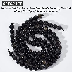 2連売り天然金光沢黒曜石ビーズ連売り  多面カット  ラウンド  8~8.5mm  穴：1.2~1.4mm  約45~48個/連  14.65''~15.08''（37.2~38.3センチメートル）&nbsp;G-OC0003-52