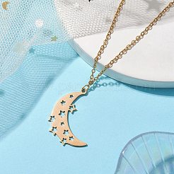 中空の月と星 304 ステンレススチール ペンダントネックレス  女性用アズキチェーンネックレス  ゴールドカラー  17.99インチ（45.7cm）&nbsp;NJEW-JN04815-01