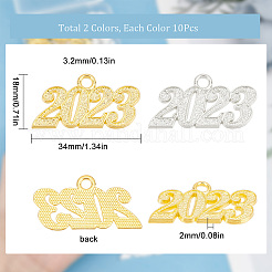 20本2色合金ペンダント  今年2023  ゴールデン＆シルバー  18x34x2mm  穴：3.2mm  10個/カラー&nbsp;FIND-SC0004-10