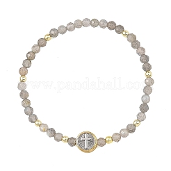 Religion Natural Labradorite Beaded Stretch Bracelets with Brass Flat Round with Cross Beads&nbsp;BJEW-JB14360-01