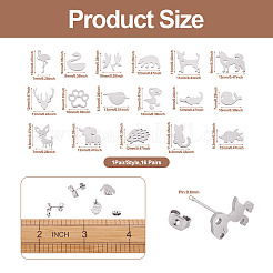16 Pairs 16 Style Crocodiles & Dog & Swan & Hedgehog & Dinosaur & Bird 304 Stainless Steel Stud Earrings&nbsp;EJEW-CF0001-02P