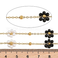ガラスとABS樹脂製の模造真珠ビーズチェーン  花  本物の18Kゴールドメッキ304ステンレススチール製アズキチェーン付き  ハンダ付け  イオンプレーティング（ip）  長持ちメッキ  ブラック  9x3mm  約16.40フィート（5m）/ロール&nbsp;SA-CBAD321-02A