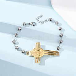 女性用304ステンレススチールリンクブレスレット  イエスと交差  ツートン  ゴールデン·ステンレス鋼色  7-5/8インチ（19.5cm）&nbsp;BJEW-Z156-01GP