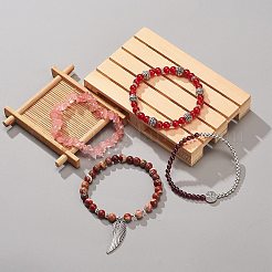 4 個 4 スタイル天然混合宝石ビーズ ストレッチ ブレスレット セット  合金聖ベネディクト メダル & ウィング チャーム スタッカブル ブレスレット 女性用  内径：1-3/4~2-1/8インチ（4.5~5.3cm）  1個/スタイル&nbsp;BJEW-JB08878