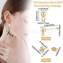 304ステンレススチールボールスタッドピアス金具100個  水平ループとイヤーナット100個付き  ゴールドカラー  15x7x4mm  ピン：0.8mm&nbsp;STAS-BBC0002-42