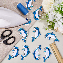 10個のコンピューター化された刺繡布アイロンオン/パッチ縫い  マスクと衣装のアクセサリー  アップリケ  イルカ  マリンブルー  70x35mm&nbsp;PATC-CY0001-43