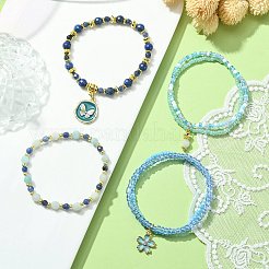 4 個 4 スタイルの天然混合宝石 & シードビーズストレッチブレスレットセット  花と蝶の合金エナメル チャーム スタッカブル ブレスレット 女性用  ブルー  内径：2-1/8インチ（5.4cm）  1個/スタイル&nbsp;BJEW-JB09606-03