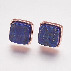 天然ラピスラズリのスタッドのピアス  真鍮パーツ  ローズゴールド本金メッキ  正方形  12x12x4.5~6mm  ピン：1mm&nbsp;EJEW-F139-A09