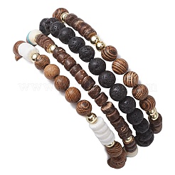 4Pcs 4 Styles Wood & Natural Lava Rock Round Beaded Stretch Bracelet Sets&nbsp;BJEW-JB10811