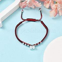 ナイロン糸のブレスレット  蝶結びの真鍮チャーム付き  暗赤色  内径：1-3/4~2-3/4インチ（4.5~7cm）&nbsp;BJEW-JB11214-03