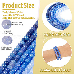 3連 3色のガラスビーズ連売り  天然石風  ロンデル  染め  ブルー  8~8.5x4.5~5mm  穴：1~1.2mm  約155~159個/連  30.12~31.30インチ（76.5~79.5cm）  1本/色&nbsp;GLAA-TA0004-08