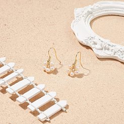 天然養殖淡水パールフラワーダングルピアス  女性のための銅線ラップ ビーズ イヤリング  ゴールドカラー  22x20x4mm  ピン：0.6mm&nbsp;EJEW-JE05051