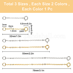 6個6スタイル925スターリングシルバーチェーンエクステンダー  留め金とカーブチェーン付き  プラチナ·ゴールデン  32~78mm  リンク：2x1.5x0.1mm  留め金：8x5.5x1mm  リング：3x0.6mm  穴：2mm  1個/スタイル&nbsp;FIND-SC0001-62