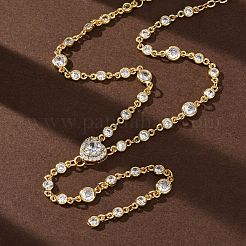 真鍮製パヴェキュービックジルコニアハートペンダントYタッセルネックレス（女性用）  カドミウムフリー＆鉛フリー  長持ちメッキ  ラックめっき  18KGP本金メッキ  透明  18.39インチ（46.7cm）&nbsp;NJEW-A071-01G-08