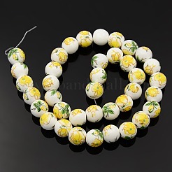 花柄プリントの磁器ビーズ  花柄のセラミック製丸ビーズ  きいろ  10mm  穴：2mm  約35個/連  13.5インチ&nbsp;X-PORC-L004-10mm-05