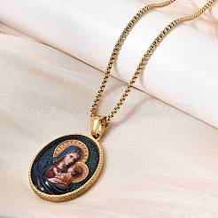 Unisex Religion 304 Stainless Steel Enamel Oval Pendant Box Chain Necklaces&nbsp;STAS-H258-02G-01