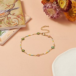 女性用手作り真鍮デイジーフラワーリンクチェーンアンクレット  カラフル  11-3/8インチ（28.9cm）&nbsp;AJEW-AN00533
