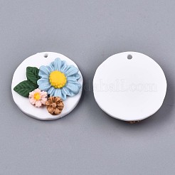 手作り樹脂粘土ペンダント  花付きフラットラウンド  カラフル  29.5~30.5x8~9mm  穴：1.8~2mm&nbsp;CLAY-N010-016