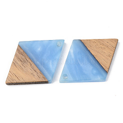 不透明な樹脂とクルミ材のペンダント  菱形  コーンフラワーブルー  34x24x3mm  穴：2mm&nbsp;LS-RESI-S389-012A-C01