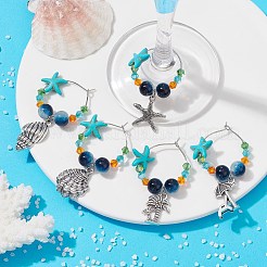 合金ワイングラスチャーム  ガラスビーズ  合成ターコイズビーズと真鍮のワイングラスチャームリング  混合図形  51~56mm  内径：24mm&nbsp;AJEW-JO00213