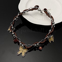 Vintage Alloy Butterfly & Round Glass Pendant Imitation Leather Braided Choker Necklaces for Women&nbsp;WG01279-02