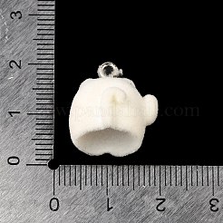 フロッキー樹脂ペンダント  猫  プラチナ鉄ループ付き  ホワイト  17x16x15mm  穴：1.8mm&nbsp;FIND-I044-21