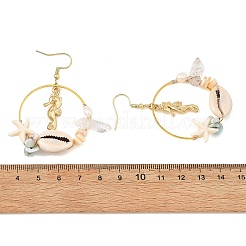 合金、天然貝殻、天然水晶、天然ラリマー、合成ターコイズを使用したドロップピアス  タツノオトシゴ  女性用304ステンレススチールダングルイヤリング  ゴールドカラー  57~59x48~50mm&nbsp;EJEW-JE07515