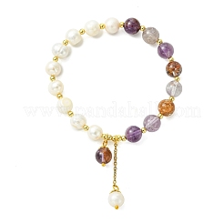 Round Natural Lodolite Quartz & Cultured Freshwater Pearl Beaded Charm Bracelets&nbsp;BJEW-JB14061-03